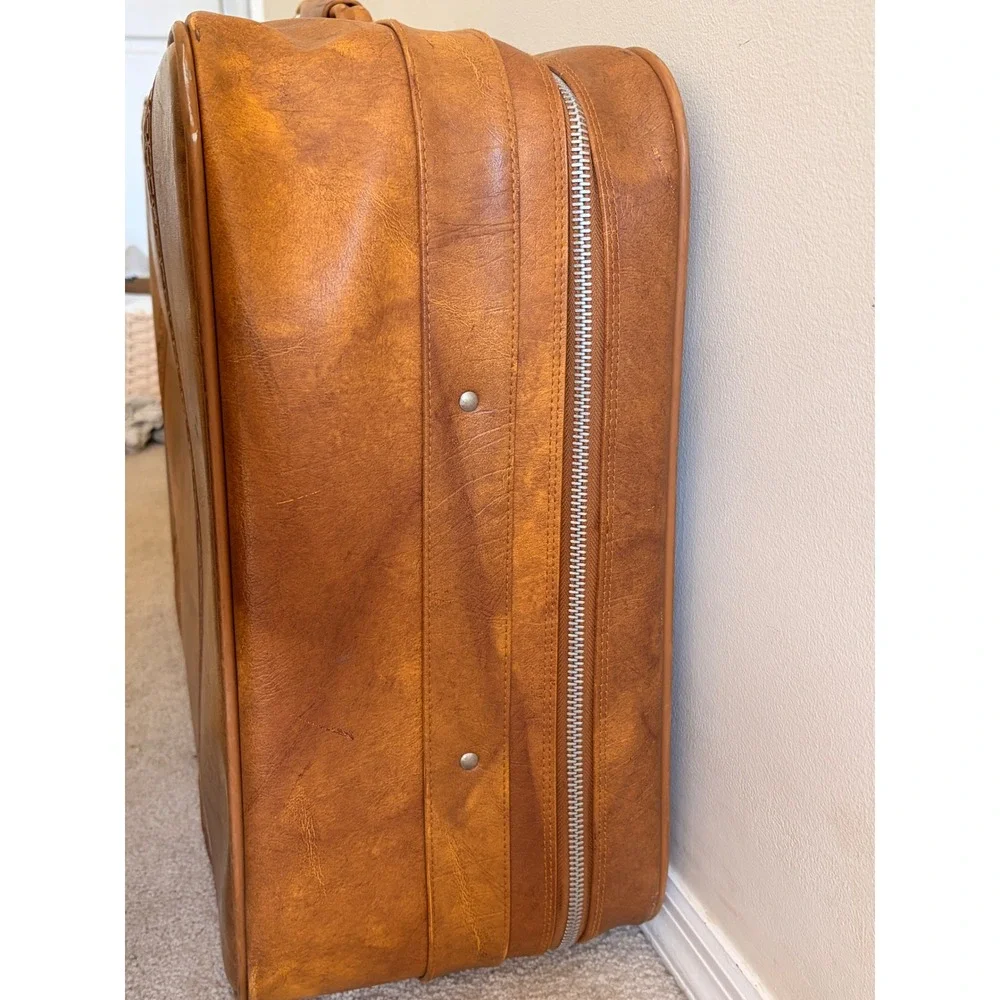 Vintage American Tourister 2 Piece Luggage Set Brown Faux Leather Woven Detail